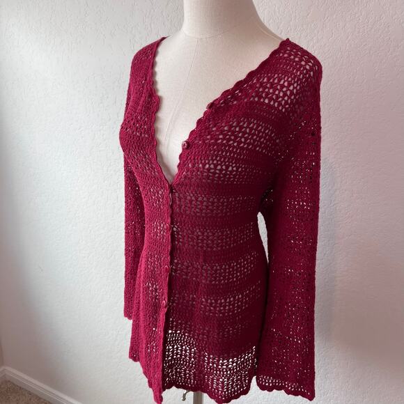 Vintage Y2K Crochet Button Up Cardigan Sweater size Large Burgundy Whimsygoth - Picture 2 of 11
